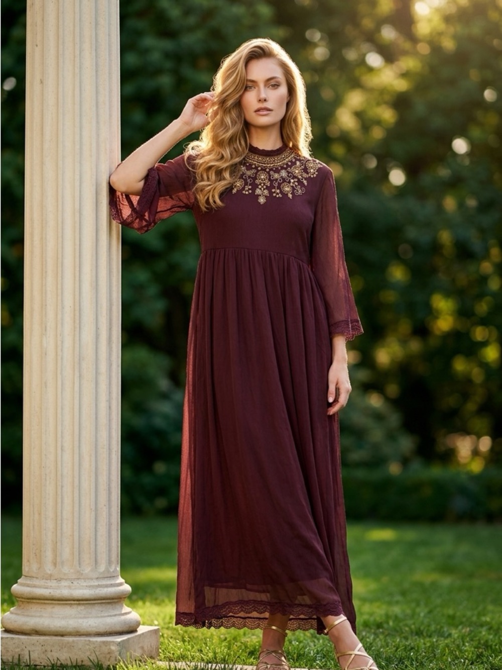 Gorgeous Embroidered Burgundy Maxi Dress